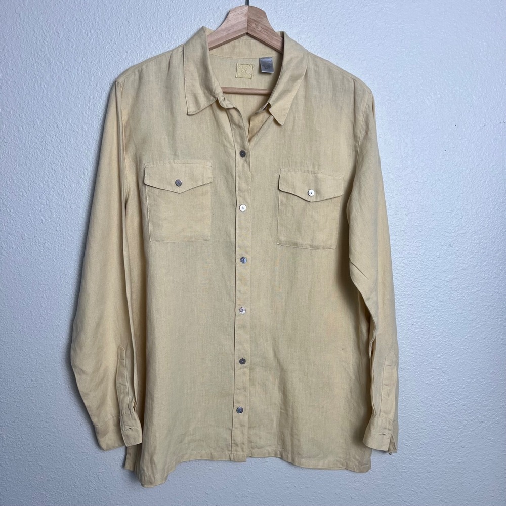 100% Linen Button Down Shirt Long Sleeve butter‎ yellow  Lino by Chico's